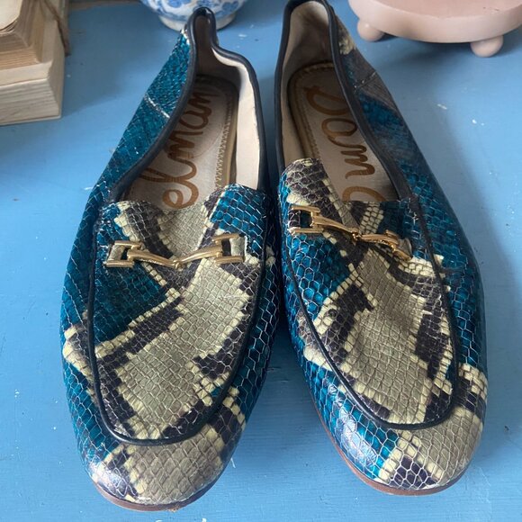 SAM EDELMAN Women's US8.5 Blue Leather Snakeskin-embossed Loraine Loafer - Picture 3 of 7